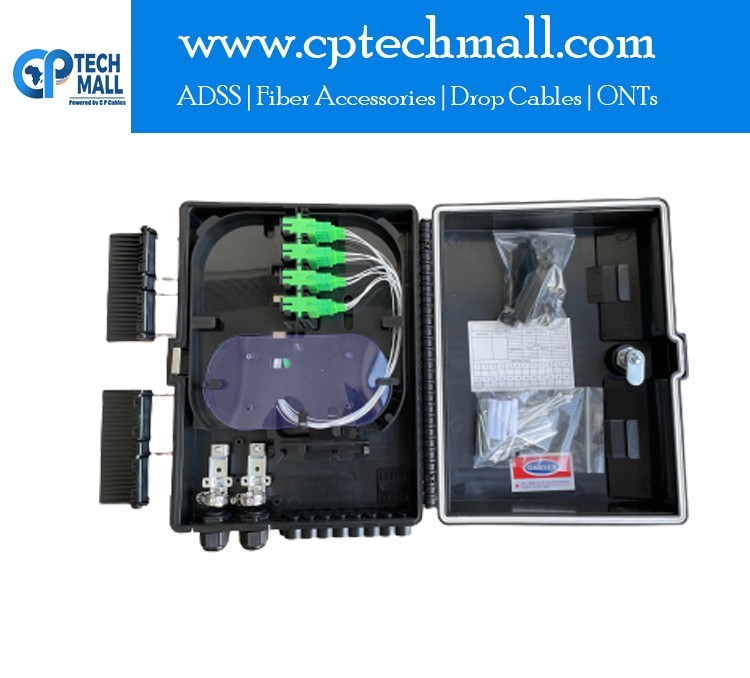 FIBER ACCESS TERMINAL OUTDOOR BLACK 48C LOADED WITH SC SIMPLEX ADAPTERS AND PIGTAILS.