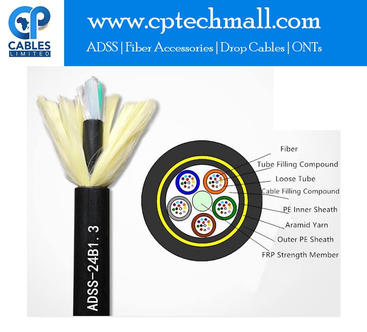 Fiber FTTX ADSS 24F Cable Per KM - 100 Meters Span